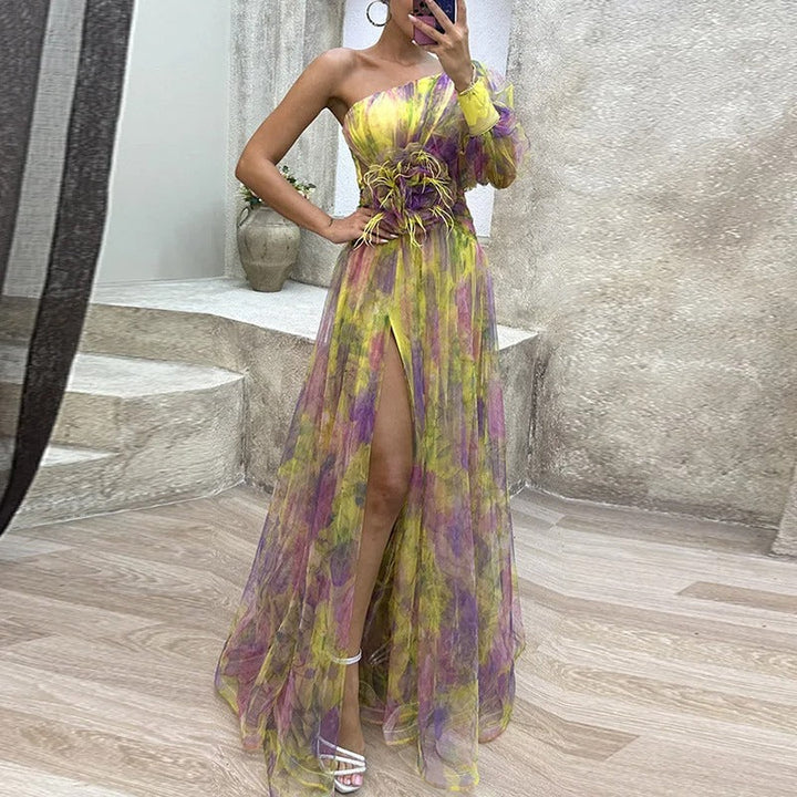 Aliams | Damen Schulterfreies Partykleid mit Print