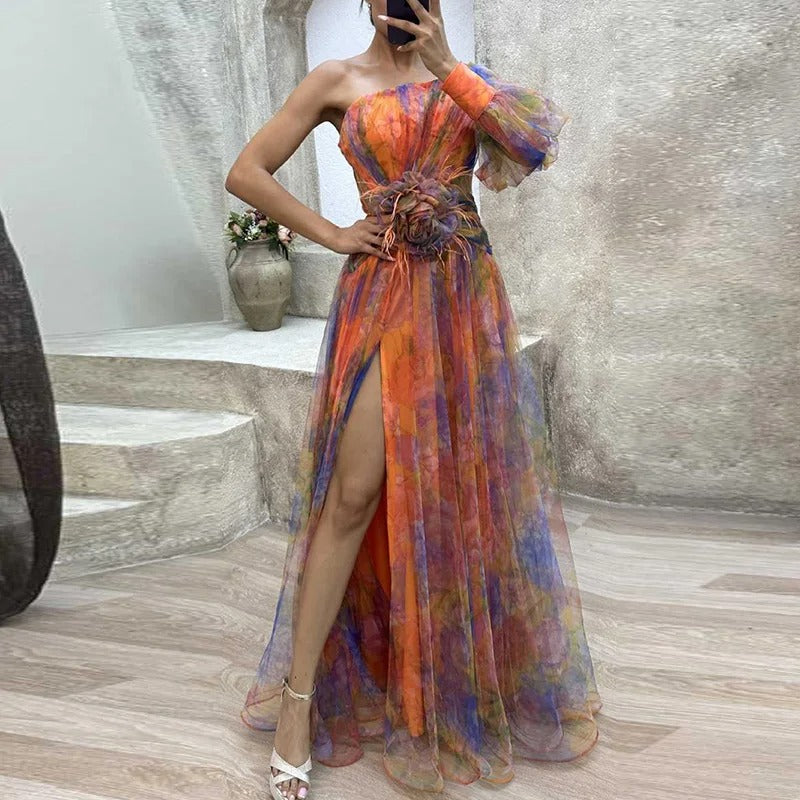 Aliams | Damen Schulterfreies Partykleid mit Print