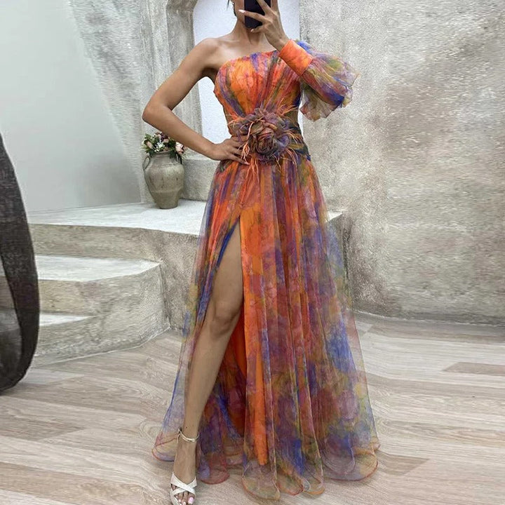 Aliams | Damen Schulterfreies Partykleid mit Print