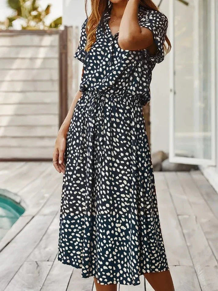 Aliams | Elegantes Kurzärmliges Hemdblusenkleid mit Polka Dots und Kordelzug In Der Taille