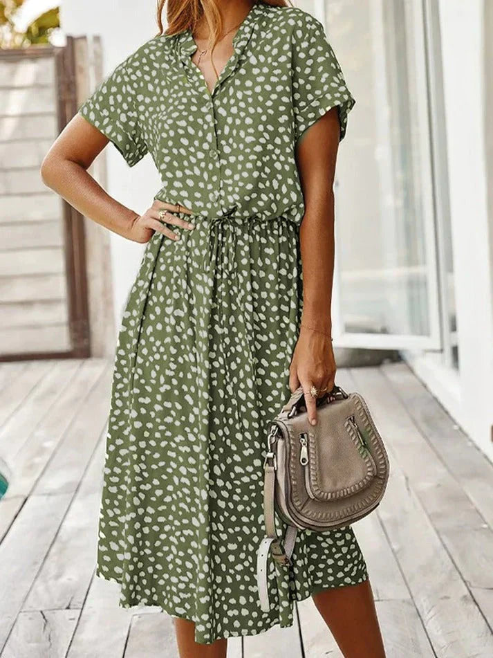 Aliams | Elegantes Kurzärmliges Hemdblusenkleid mit Polka Dots und Kordelzug In Der Taille