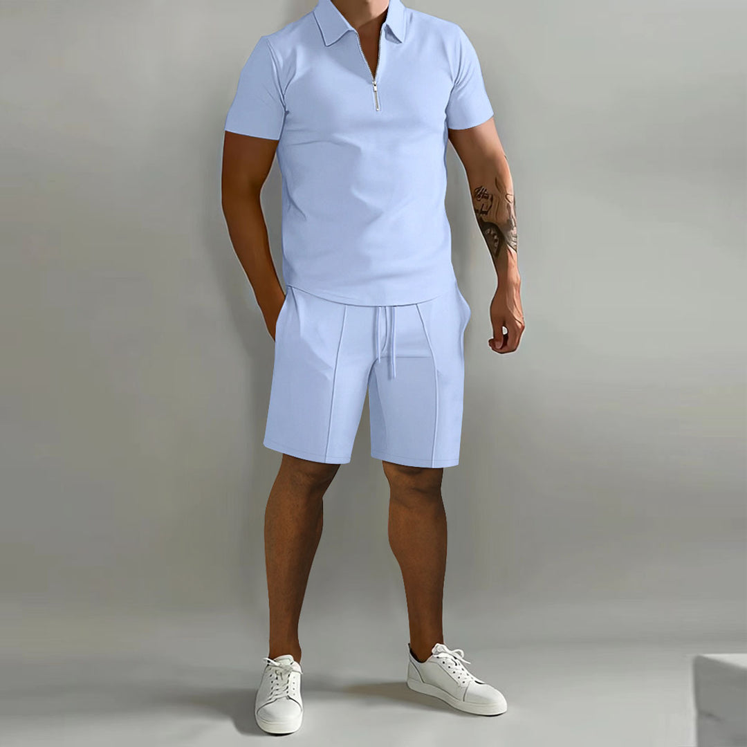 Herren sportliches Kurzarm-Poloshirt mit Reißverschluss und passenden Shorts Aliams
