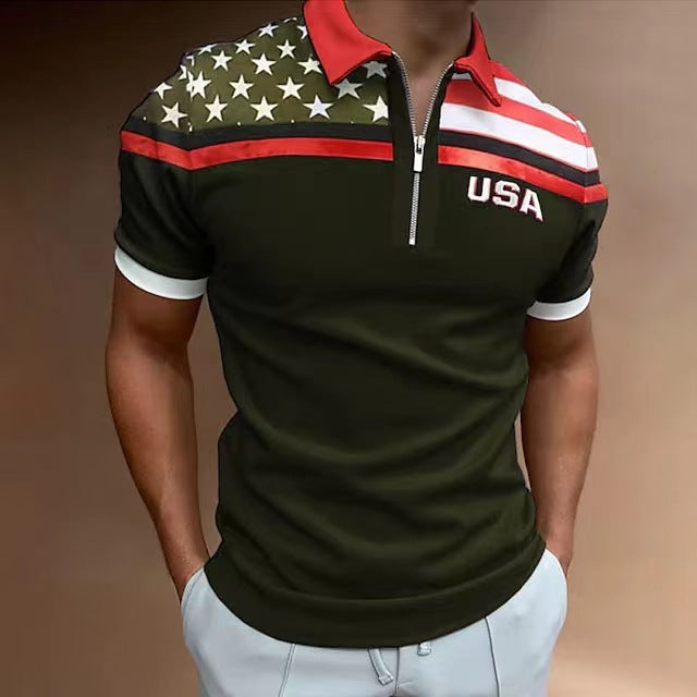Herren Zip-Up Performance Polo-Shirt mit amerikanischer Flaggen-Applikation Aliams