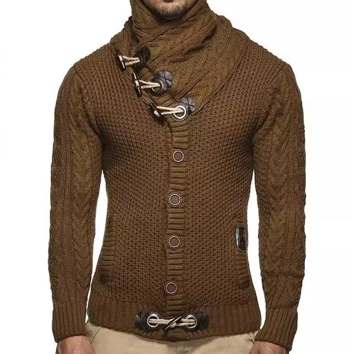 Herren gestrickter Cardigan mit hohem Kragen und modernen Holzknebel Aliams