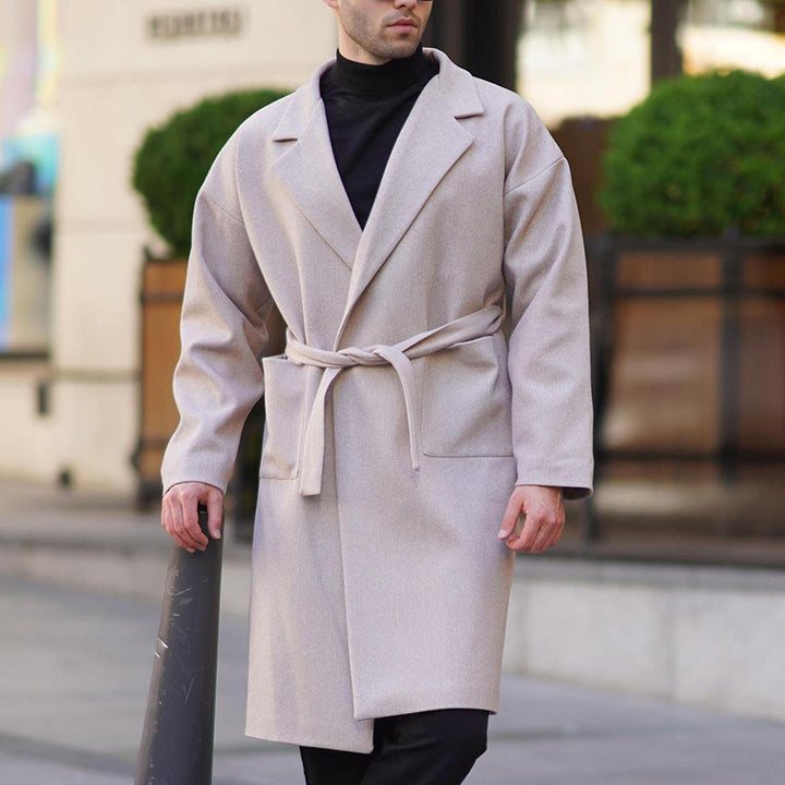 Herren eleganter Wollmantel mit Gürtel und tiefem Kragen Aliams
