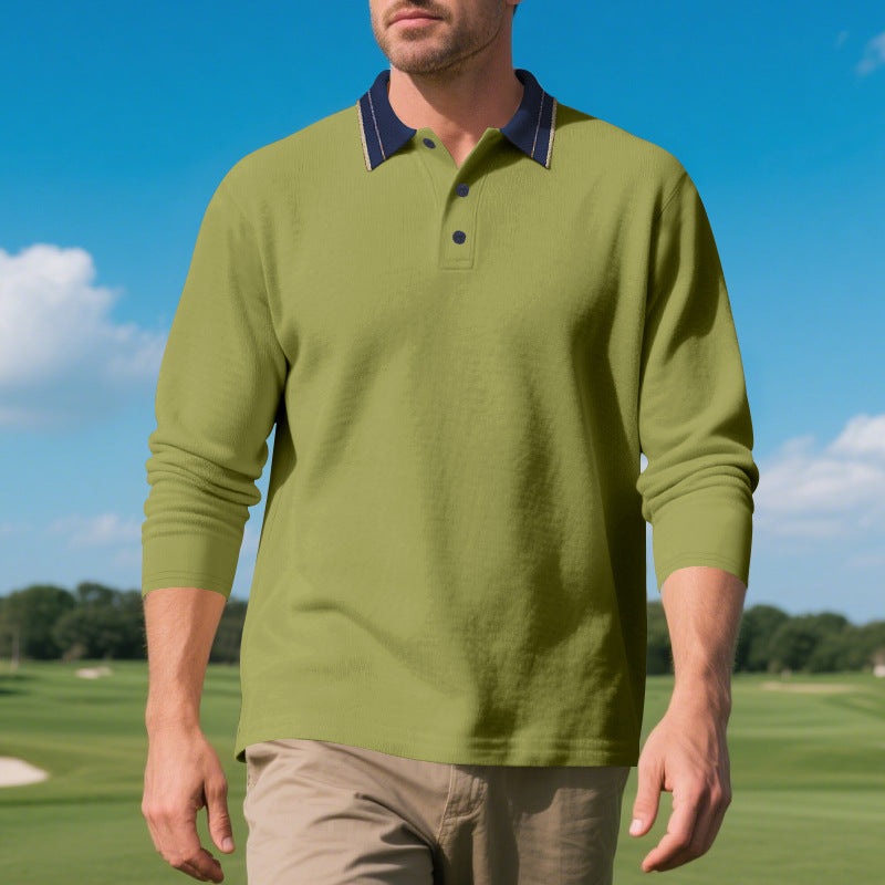 Herren elegantes Langarm-Polohemd mit kontrastierendem Kragen und modischen Knopfdetails Aliams