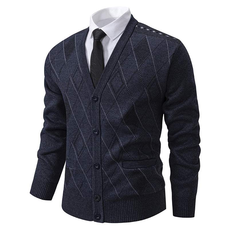 Herren elegante Strickjacke mit Rautenmustern und praktischen Taschen Aliams