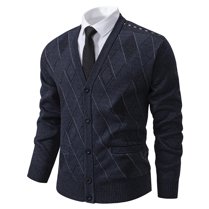 Herren elegante Strickjacke mit Rautenmustern und praktischen Taschen Aliams