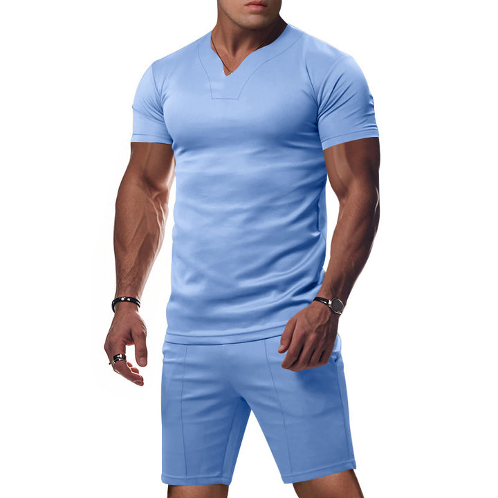 Herren Sportliches Freizeit-Set mit atmungsaktivem V-Ausschnitt T-Shirt und elastischen Shorts Aliams