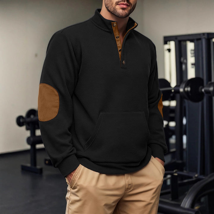 Herren Fleeceshirt mit kurzen Knöpfen und Lederapplikationen Aliams