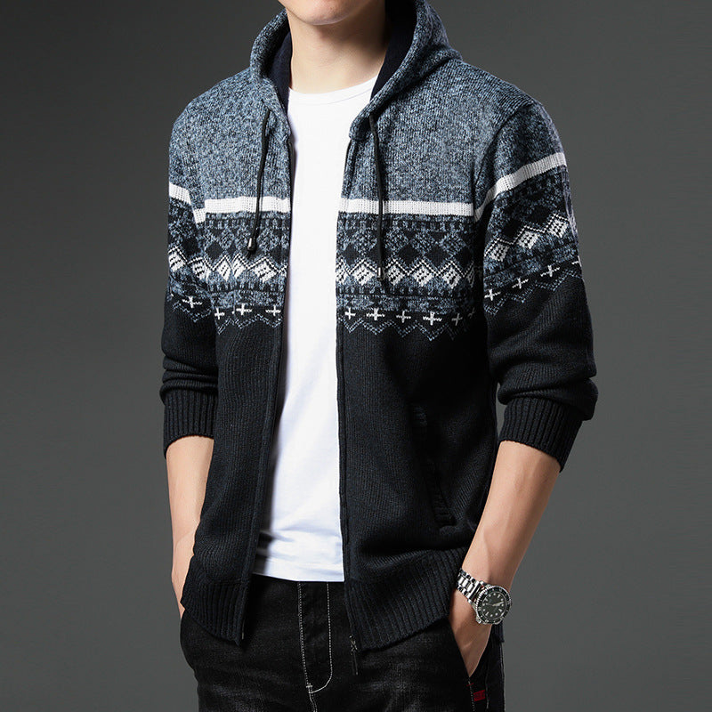 Herren gemusterte Strickjacke mit Kapuze und komfortablem Schnitt Aliams
