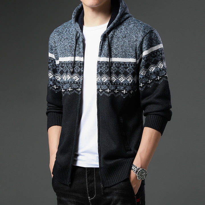 Herren gemusterte Strickjacke mit Kapuze und komfortablem Schnitt Aliams