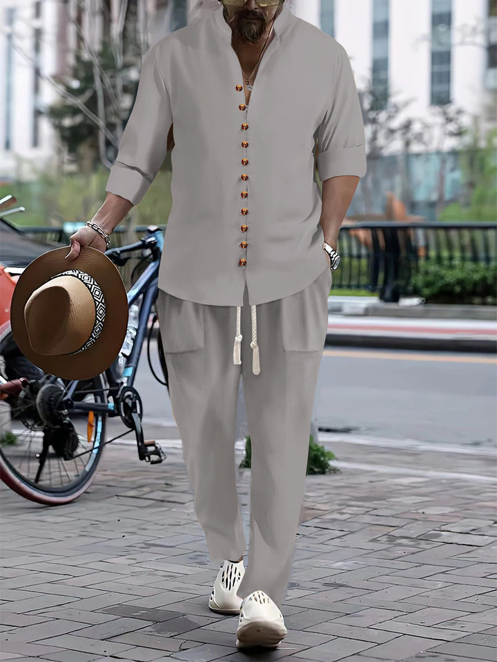 Herren Freizeit-Button-Up-Hemd und entspannt geschnittene Hose Set Aliams