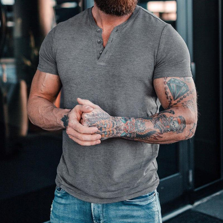 Herren Kurzarm-Henley-T-Shirt aus hochwertiger Baumwolle mit Knopfleiste Aliams