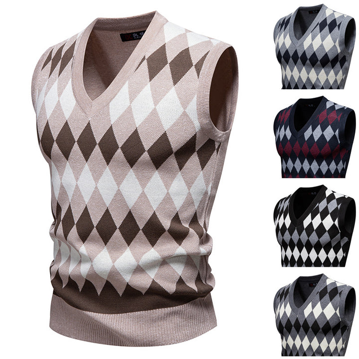 Herren ärmelloser Pullover mit rautenförmigem Muster und modernem V-Ausschnitt Aliams