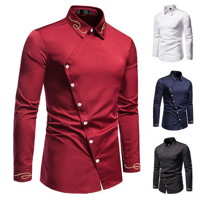 Herren Elegantes Langarmhemd mit asymmetrischem Knopfdesign und gesticktem Kragen Aliams