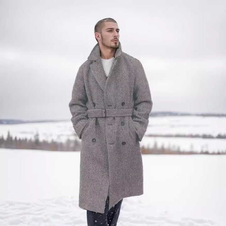 Herren Eleganter Wollmantel im klassischen Hahnentrittmuster mit Gürtel Aliams