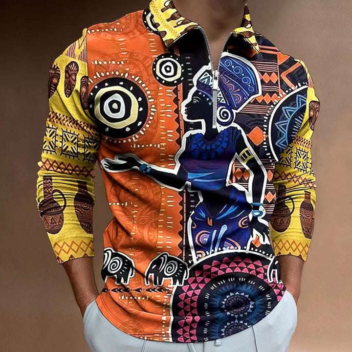 Herren Zip-Up Shirt mit kunstvollem Ethno-Design und elastischen Ärmelabschlüssen Aliams