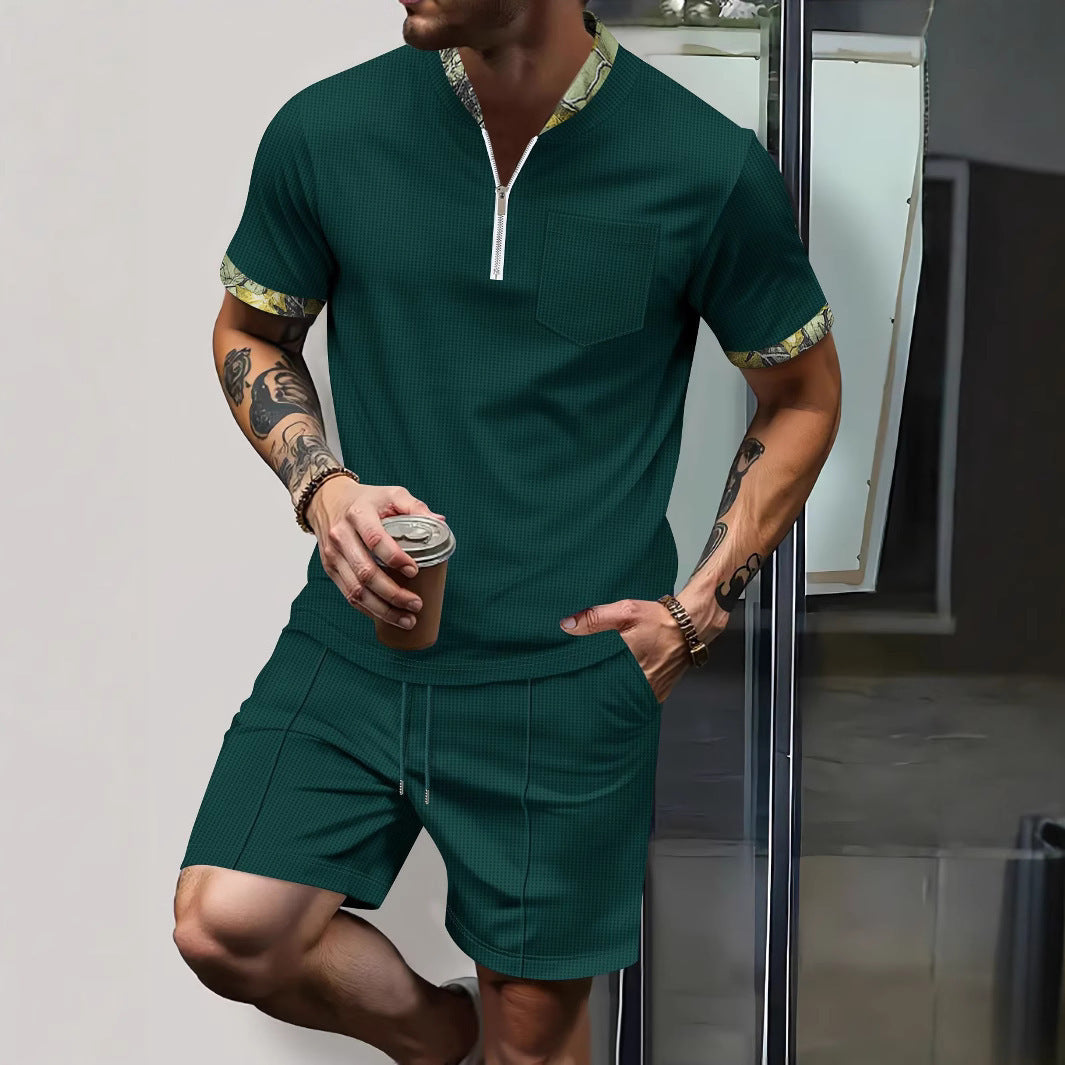 Herren Freizeit Outfit mit Zip-Kragen und Kurzhosenset Aliams