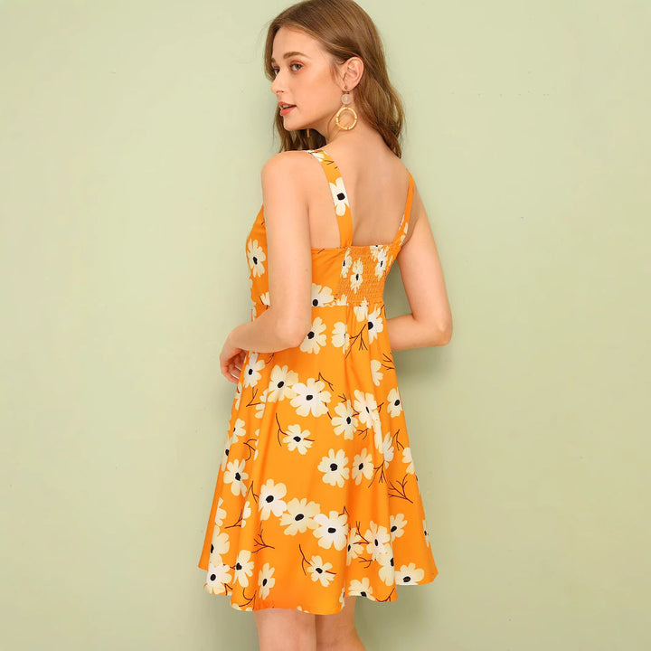 Damen Sommerkleid mit Blumenmuster und Knopfleiste Aliams