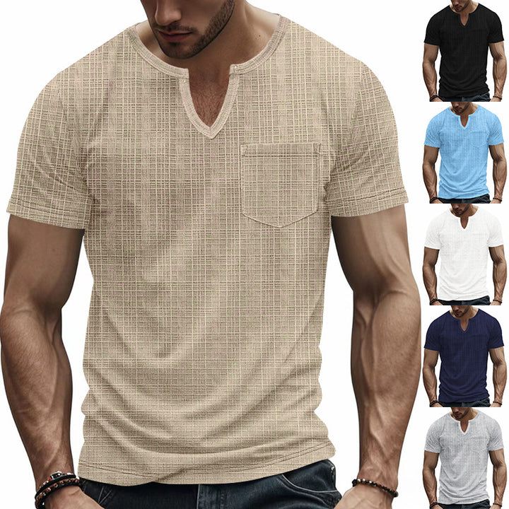 Herren Kurzarm-Henley-T-Shirt mit modernem V-Ausschnitt und praktischer Brusttasche Aliams