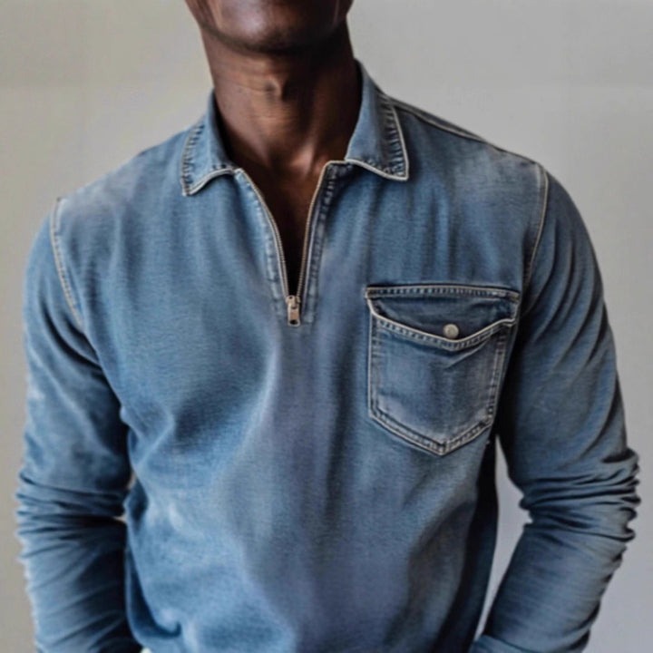 Herren Jeanshemd mit kurzem Reißverschluss und Brusttasche Aliams