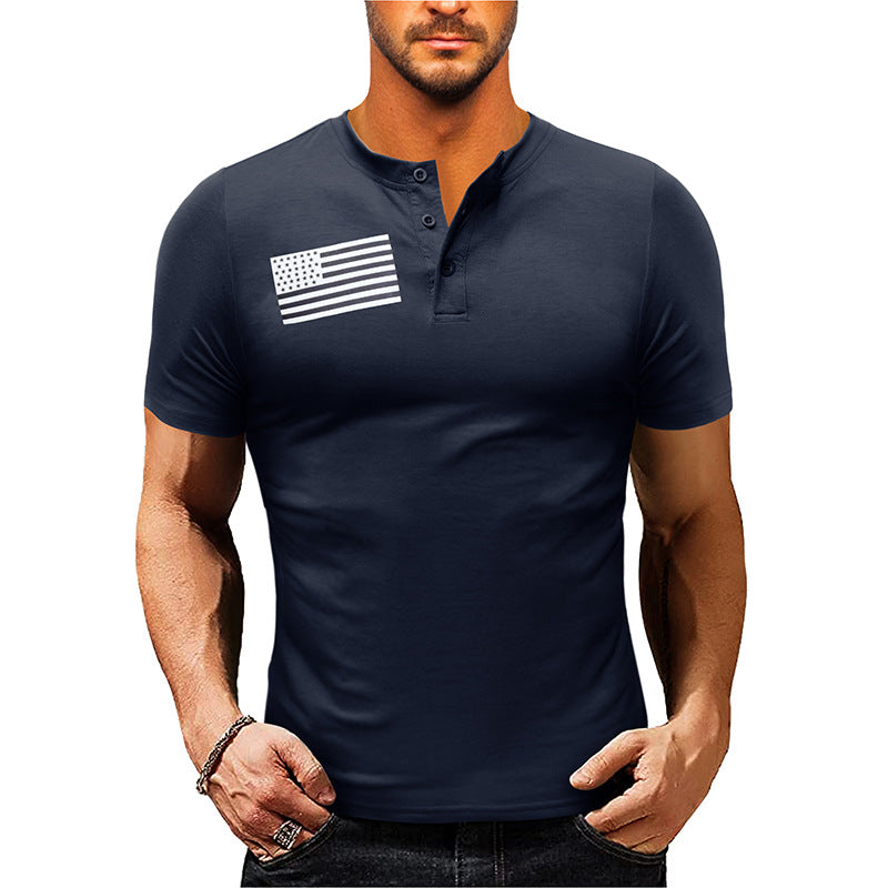 Herren Kurzarm-Henley-Shirt mit modischem Flaggenaufdruck Aliams