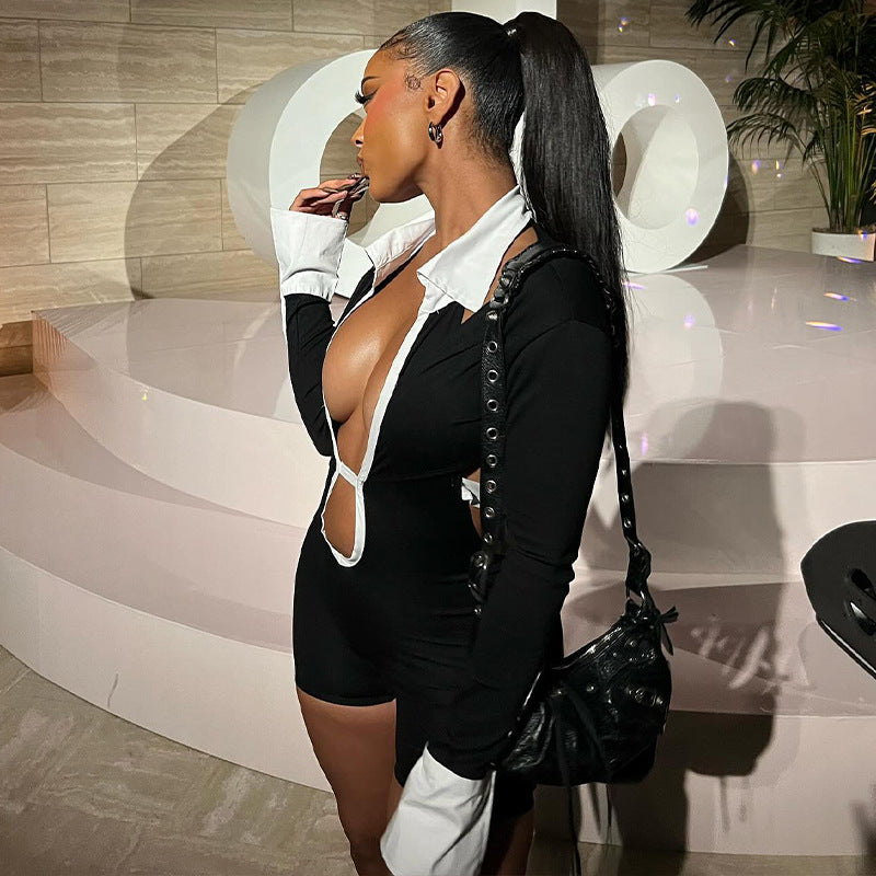 Damen Eleganter Jumpsuit mit tiefem Ausschnitt und kontrastierenden Ärmeln Aliams