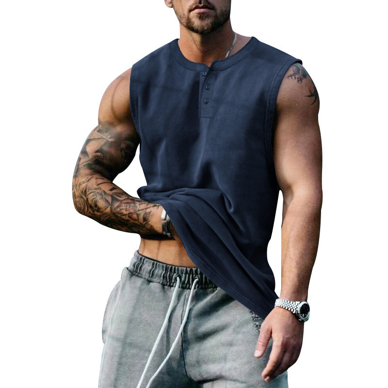 Herren ärmelloses Henley-Tanktop aus weichem Baumwollmix mit Knopfleiste Aliams