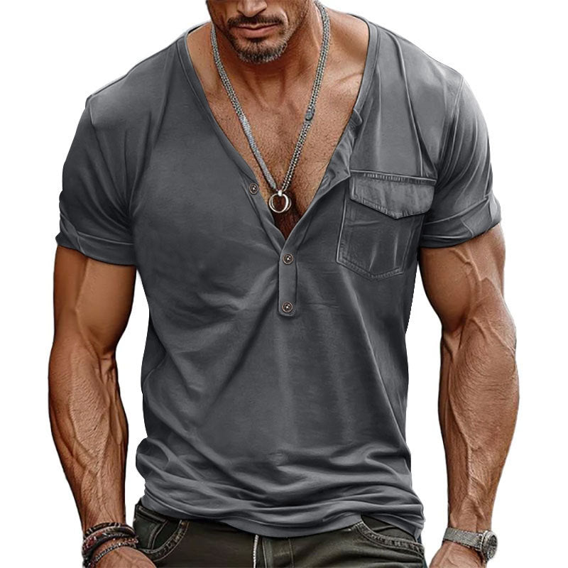 Herren V-Ausschnitt Henley-T-Shirt mit Brusttasche und atmungsaktiver Baumwolle Aliams