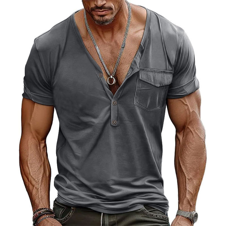Herren V-Ausschnitt Henley-T-Shirt mit Brusttasche und atmungsaktiver Baumwolle Aliams