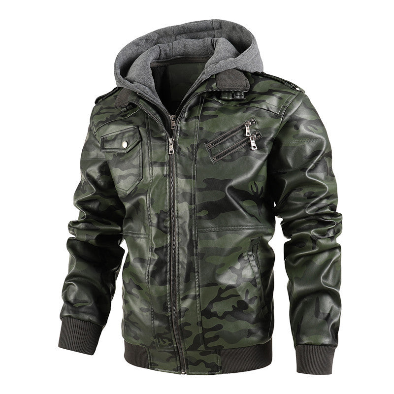 Herren Camouflage-Lederjacke mit abnehmbarer Kapuze und wärmendem Innenfutter Aliams