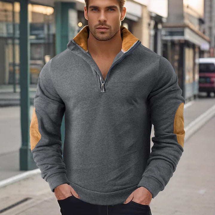Herren Sweatshirt mit modernem Stehkragen und Lederbesätzen Aliams