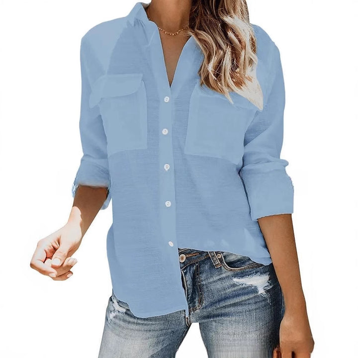 Damen leichte Sommerbluse mit zwei Brusttaschen und aufgerollten Ärmeln Aliams