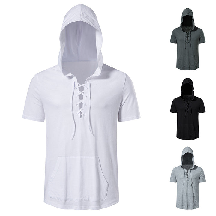 Herren Kurzarm-Hoodie mit lässigem Lacing-Design und praktischer Kängurutasche Aliams