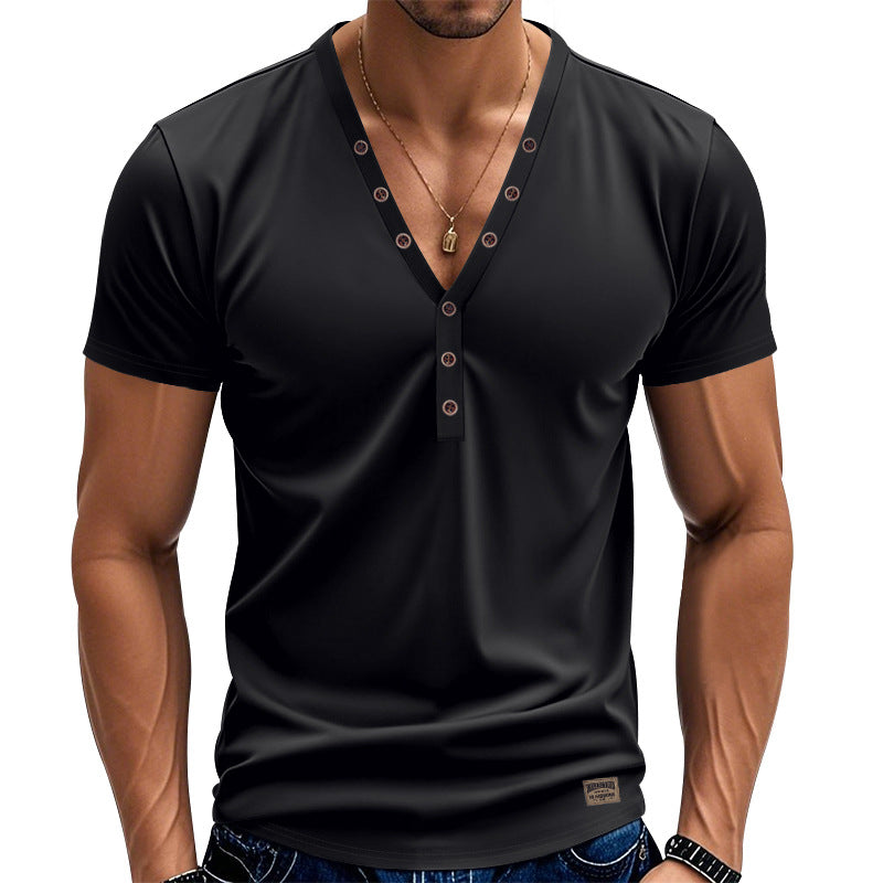 Herren Kurzarm Henley-T-Shirt mit modischem V-Ausschnitt und dekorativen Knöpfen Aliams