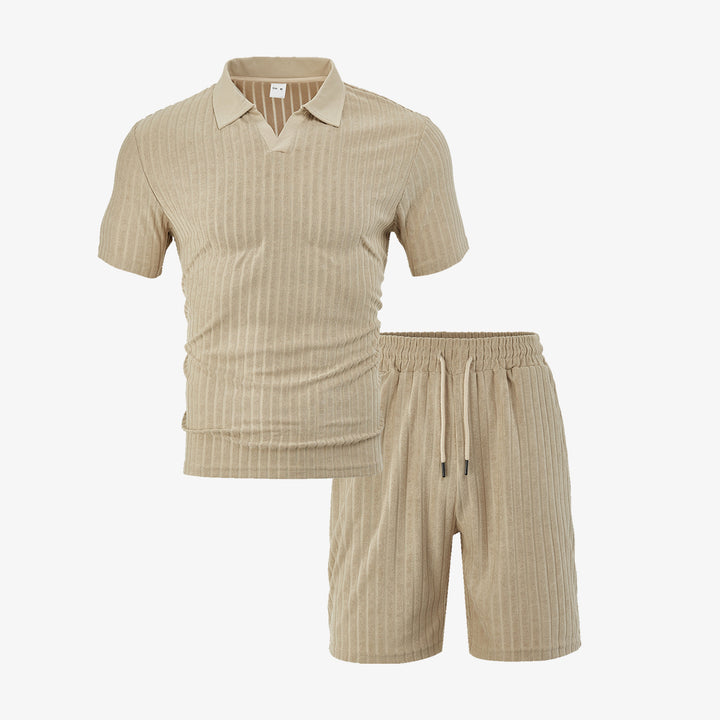 Herren Freizeit-Set aus strukturiertem Baumwollmix mit modischem V-Ausschnitt und elastischem Bund Aliams