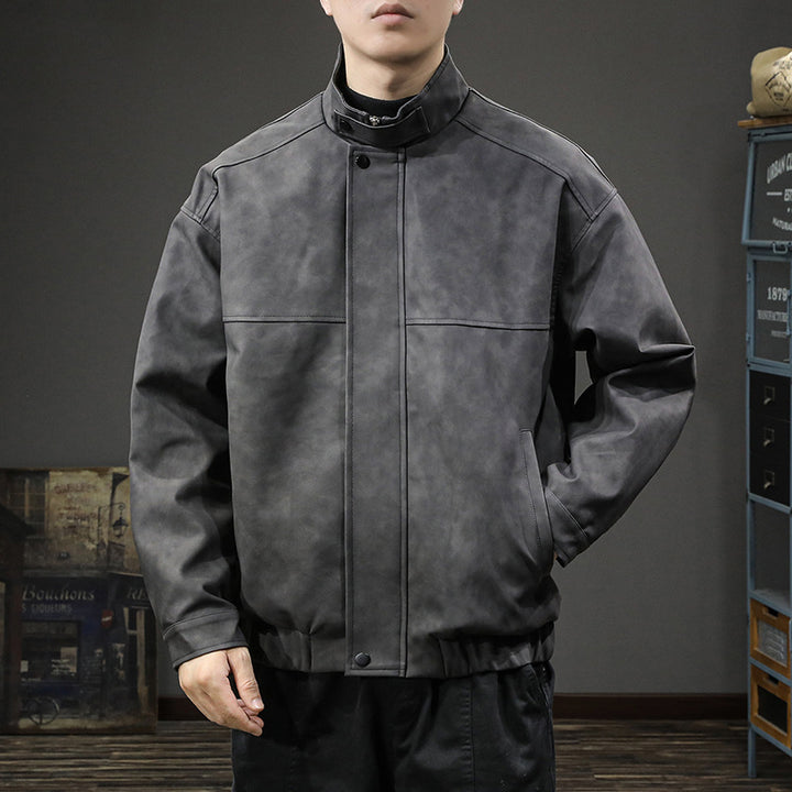 Herren stylische Kunstlederjacke mit hochgeschlossenem Kragen und praktischen Taschen Aliams