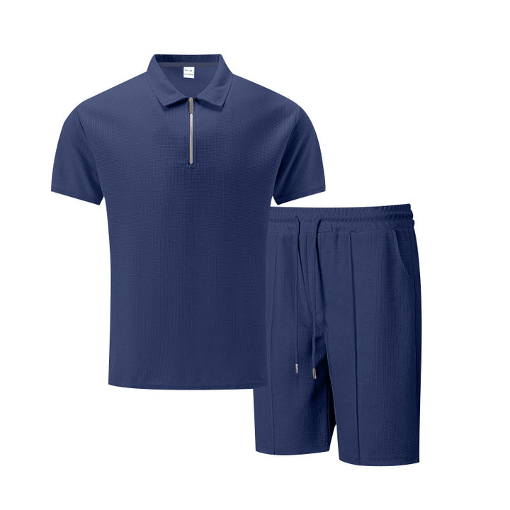 Herren sportliches Kurzarm-Poloshirt und Shorts-Set mit Reißverschluss Aliams