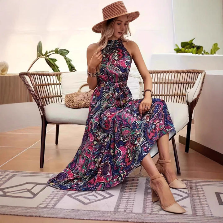 Damen Maxikleid Im Boho-Stil mit Elegantem Halterneck und Seitlichem Bindegürtel Aliams