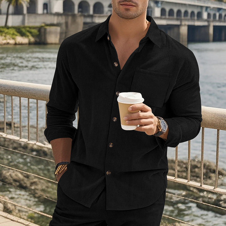 Herren gestreiftes Langarmshirt mit modischem Stehkragen und praktischer Brusttasche Aliams