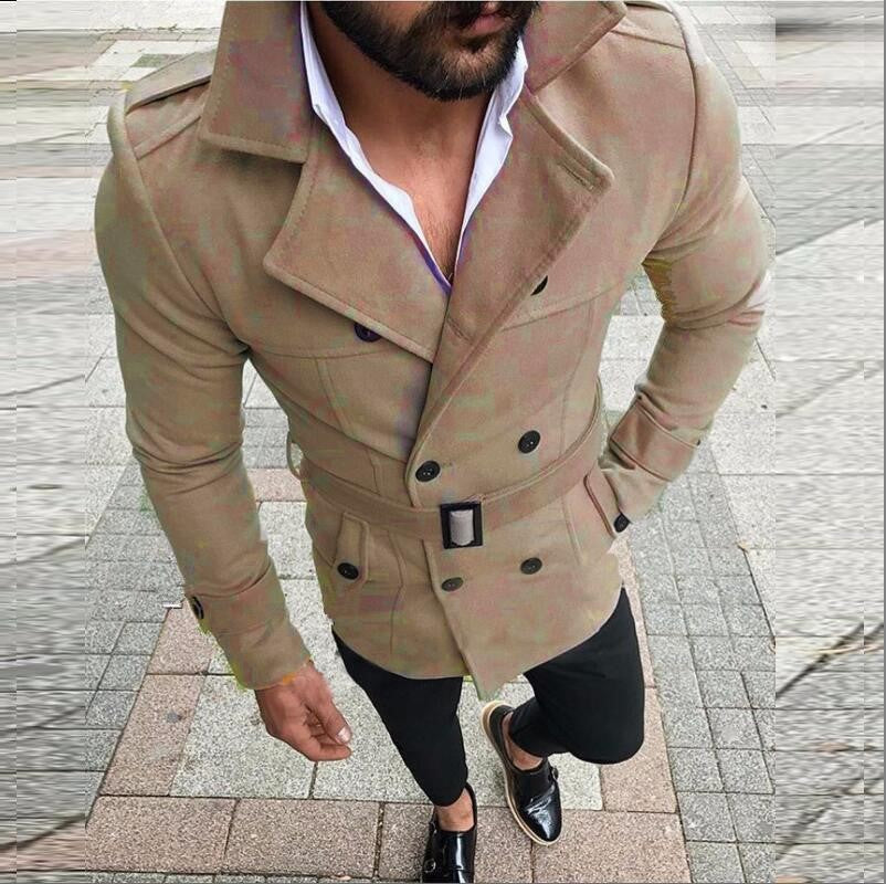 Herren eleganter Trenchcoat mit modischem Gürtel und doppelter Knopfleiste Aliams