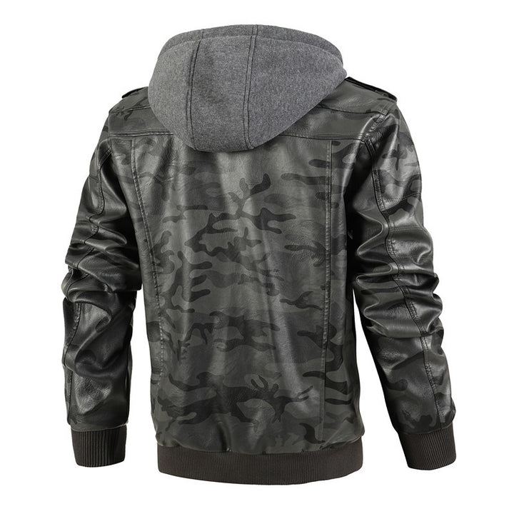 Herren Camouflage-Lederjacke mit abnehmbarer Kapuze und wärmendem Innenfutter Aliams