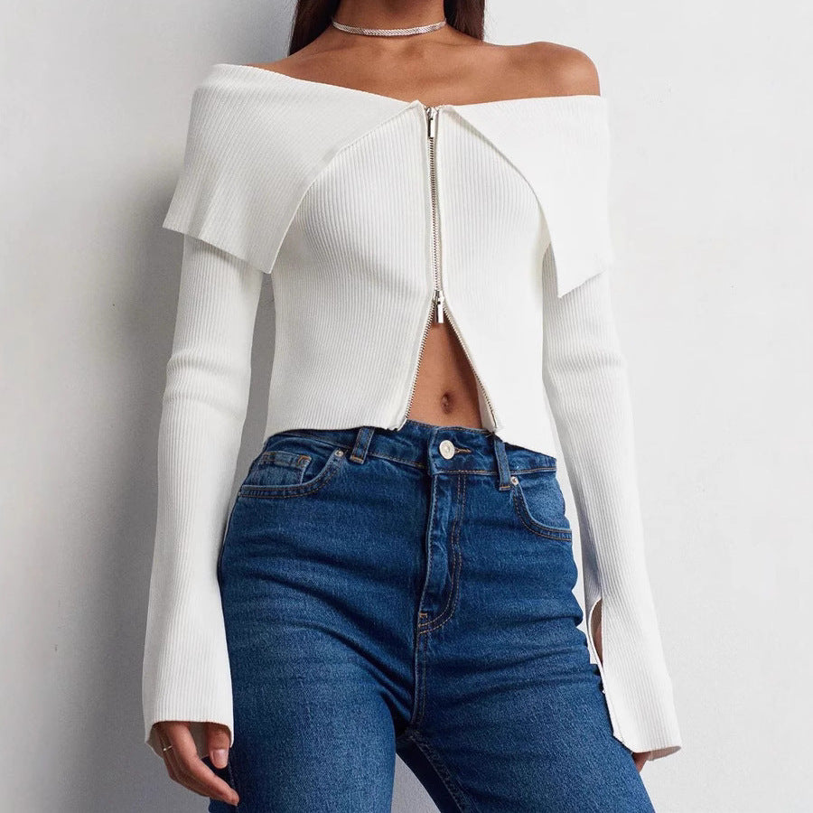 Damen cropped Oberteil mit weitem Ausschnitt und Reißverschluss Aliams
