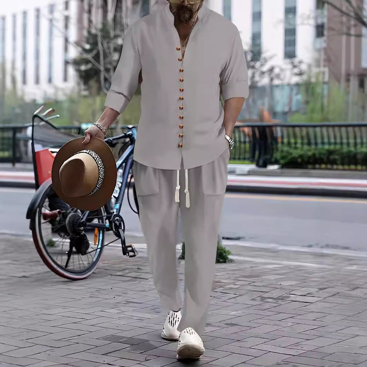 Herren Freizeit-Button-Up-Hemd und entspannt geschnittene Hose Set Aliams