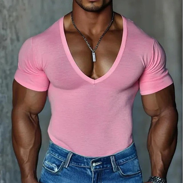 Herren Figurbetontes V-Ausschnitt T-Shirt aus leichtem Baumwollmix Aliams