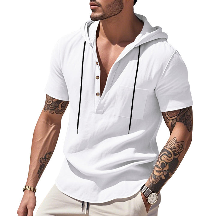 Herren Kurzarm-Henley-Shirt mit praktischer Kapuze und modischen Akzenten Aliams