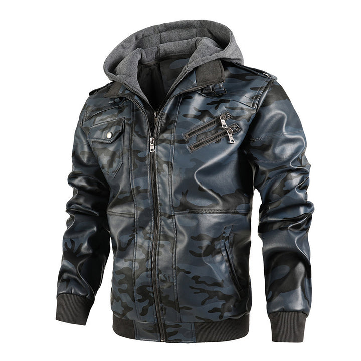 Herren Camouflage-Lederjacke mit abnehmbarer Kapuze und wärmendem Innenfutter Aliams