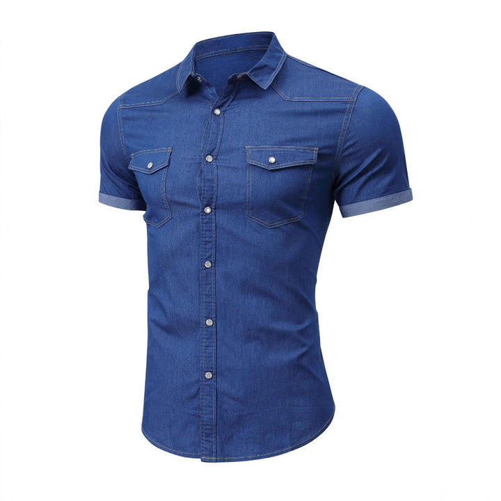 Herren Kurzarm Denimhemd mit doppelten Brusttaschen Aliams