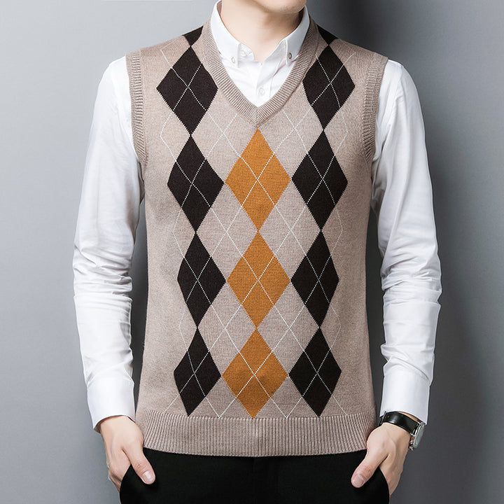 Herren klassischer V-Ausschnitt Strickpullover mit Rautenmuster Aliams